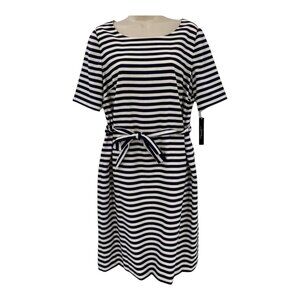 Tahari Striped Dress Size 8 Navy & White Short Tie Sheath Business Career Work